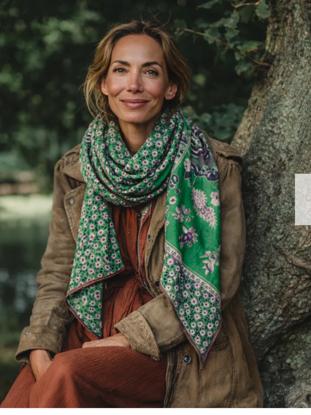 Late Sunday Afternoon silk Green Floral Scarf wrap “Springtime Joy” - Picture 2 of 9